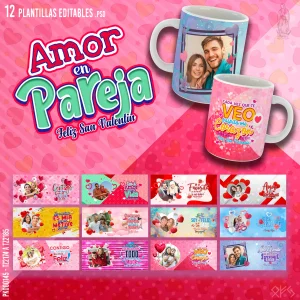Plantillas editables para tazas de San Valentín con diseños de amor en pareja y mockups