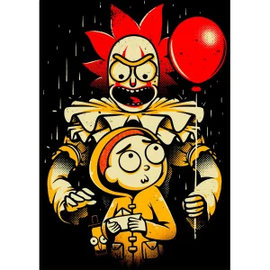 Vector de Rick y Morty disfrazados de IT para estampados de playeras y hoodies en estilo terror animado