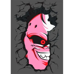 Vector Majin Boo Dragon Ball estilo streetwear emergiendo de pared rota diseño editable AI para playeras