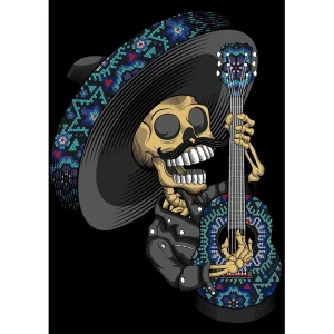 Vector Mariachi Catrín Día de Muertos con guitarra diseño editable en AI para estampados de playeras negras