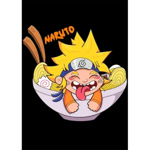 Vector Naruto chibi comiendo ramen para estampado en playera negra diseño editable AI
