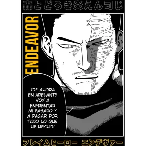 Vector de Endeavor de My Hero Academia en estilo manga blanco y negro para estampado en playera negra