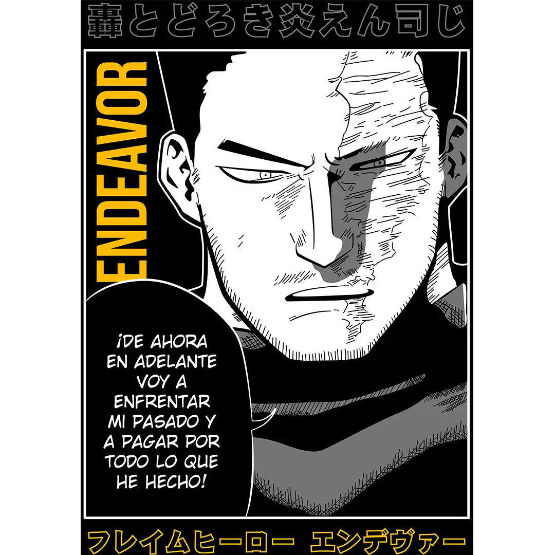 Vector de Endeavor de My Hero Academia en estilo manga blanco y negro para estampado en playera negra