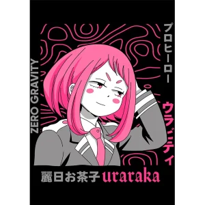Vector Zero Gravity Ochaco Uraraka My Hero Academia diseño anime rosa para playeras fondo negro formato AI editable
