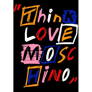 Vector estilo streetwear Think Love Moschino en colores vibrantes sobre fondo negro para estampados de playeras
