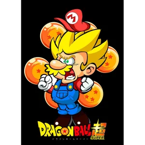 Vector Mario Bros Super Saiyajin diseño streetwear para estampado en playera negra formato Illustrator editable