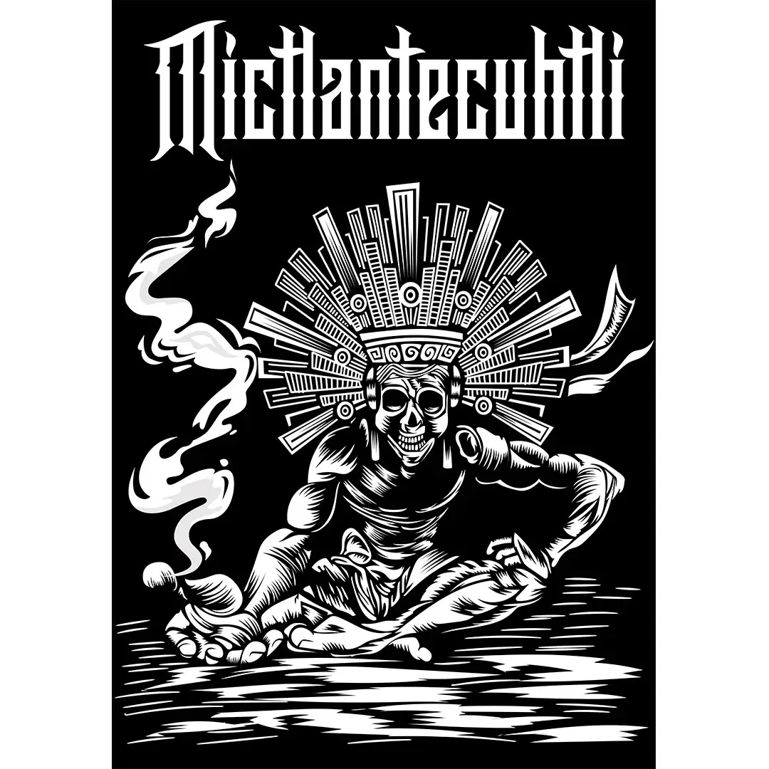Vector de Mictlantecuhtli estilo azteca para playera negra diseño Día de Muertos en formato AI
