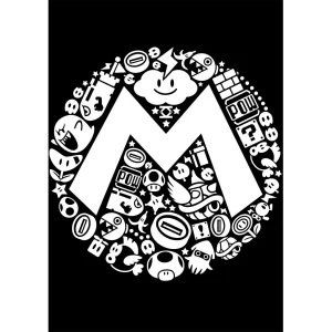 Vector collage circular Mario Bros en formato AI para estampado de playeras gamer con diseño retro en fondo negro