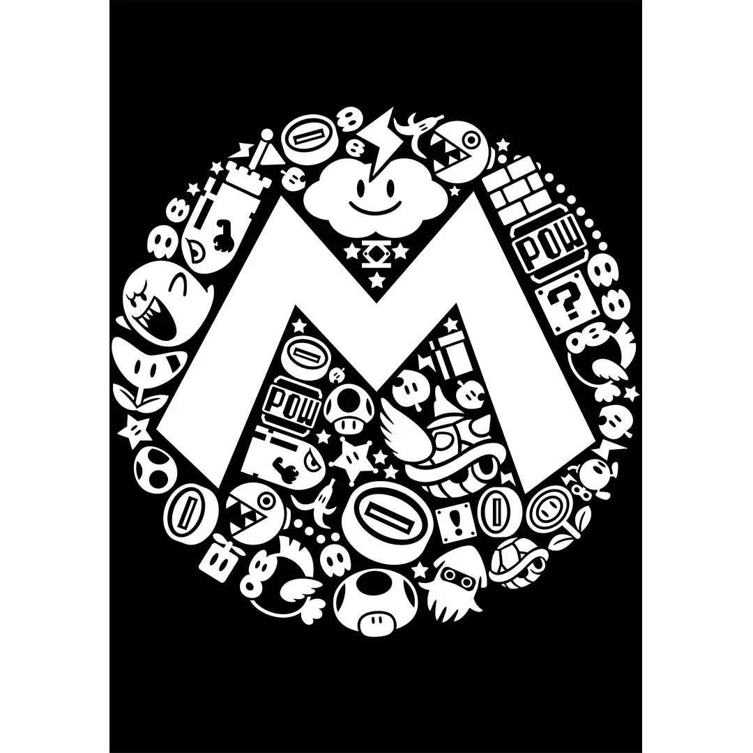 Vector collage circular Mario Bros en formato AI para estampado de playeras gamer con diseño retro en fondo negro