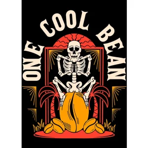 Vector “One Cool Bean” estilo streetwear con calavera sobre grano de café, ideal para playeras de Halloween y Día de Muertos.