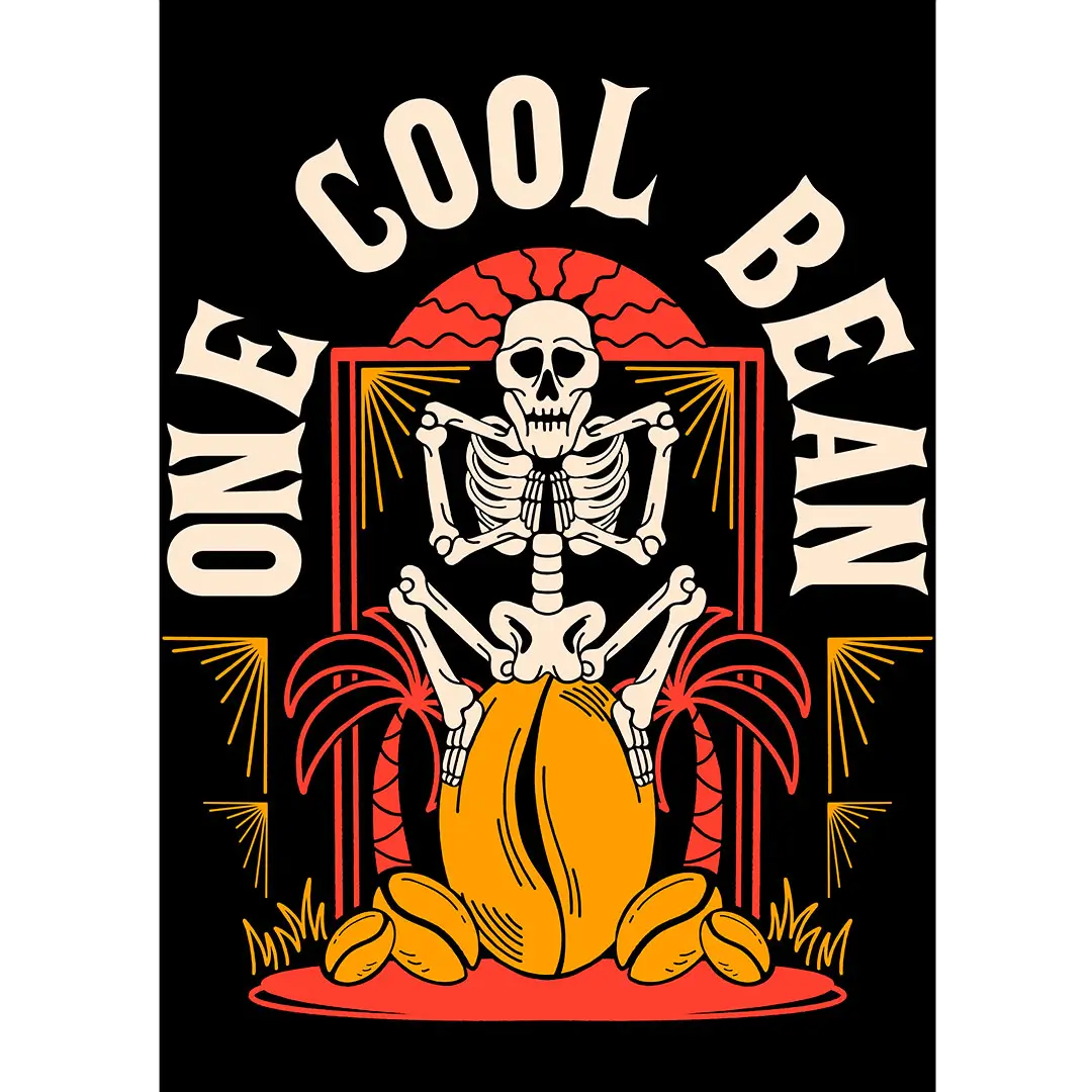 Vector “One Cool Bean” estilo streetwear con calavera sobre grano de café, ideal para playeras de Halloween y Día de Muertos.