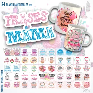 Pack de 24 plantillas editables para tazas del Día de las Madres en PSD y PNG con frases para mamá, diseños florales y mockups para sublimación