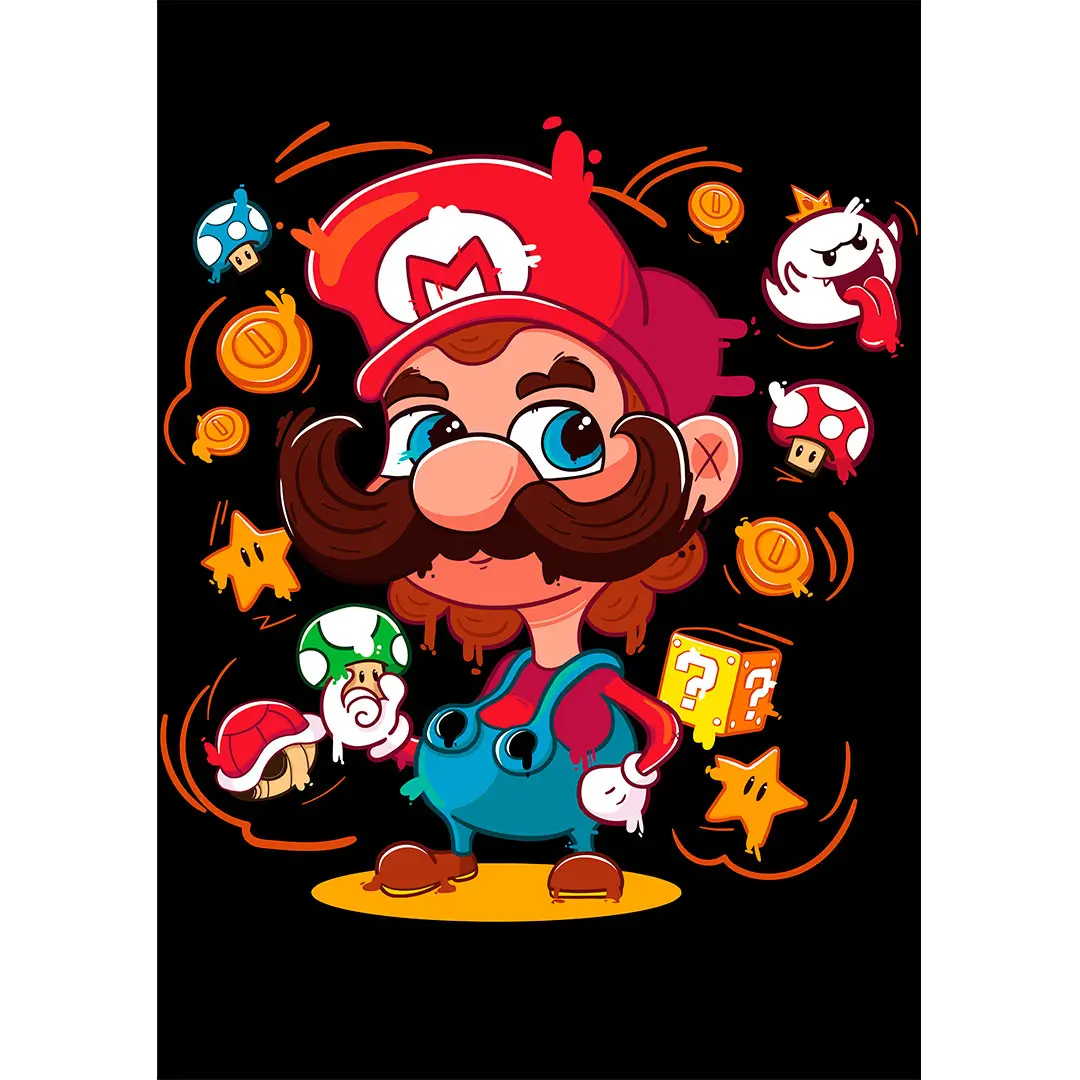 Vector Mario Bros estilo cartoon para playeras con monedas estrellas y elementos gamer diseño vectorial para sublimación