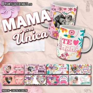 Pack de 8 plantillas editables para tazas del Día de la Madre con diseños florales, frases como “Mamá eres única” y mockups personalizables con fotos