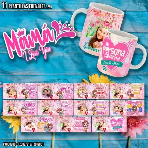 Pack de 11 plantillas editables para tazas del Día de la Madre con diseños florales, frases emotivas y personalización con foto en PSD y PNG