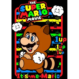 Vector de Mario Bros con traje de mapache estilo retro 1UP para diseño de playeras sublimadas