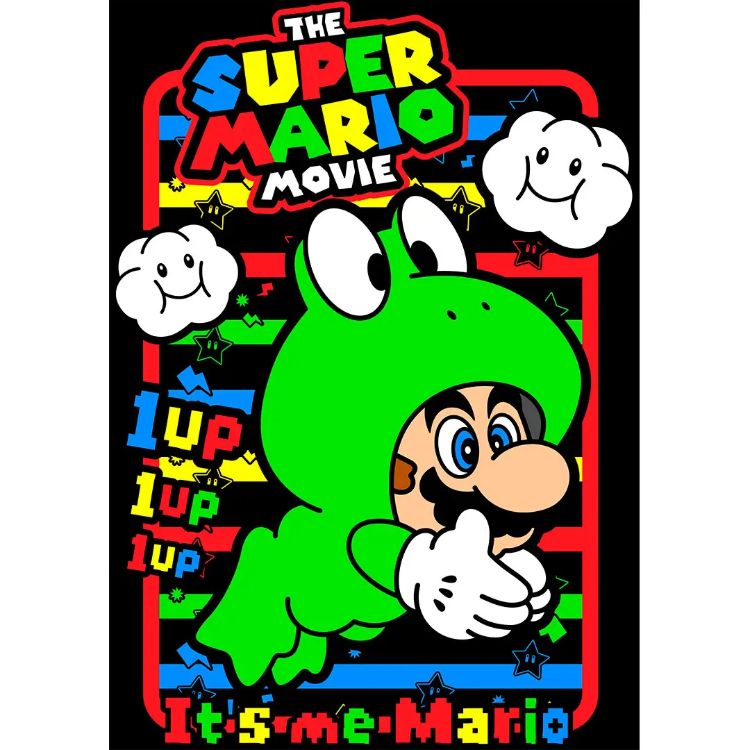 Vector Mario Bros disfraz de rana estilo retro 1UP diseño para playeras sublimación fondo negro