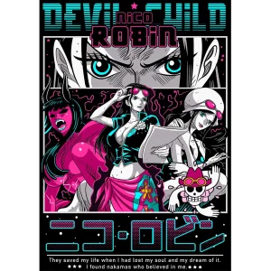 Vector Nico Robin One Piece estilo neon urbano para playeras diseño anime editable AI mockup negro