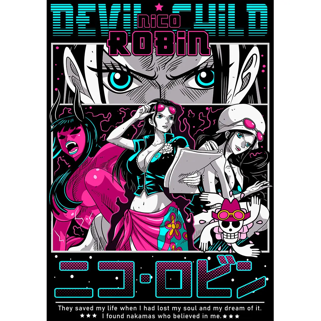 Vector Nico Robin One Piece estilo neon urbano para playeras diseño anime editable AI mockup negro