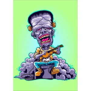 vector frankenstein rock tocando guitarra diseño caricatura para playeras sublimacion