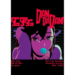 Vector de Momo Ayase Dan Da Dan estilo anime urbano para playeras sublimadas en fondo negro