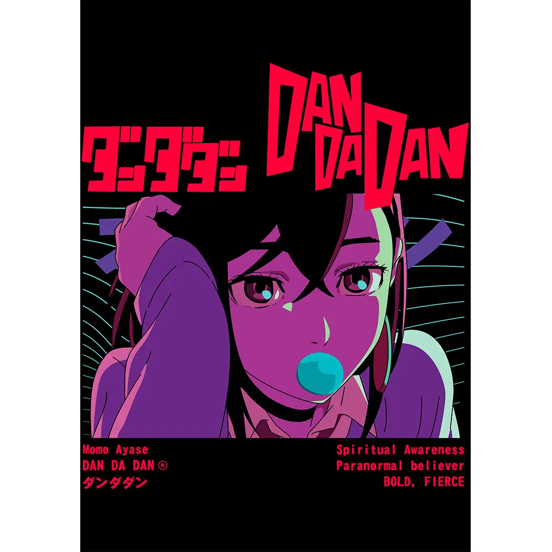 Vector de Momo Ayase Dan Da Dan estilo anime urbano para playeras sublimadas en fondo negro