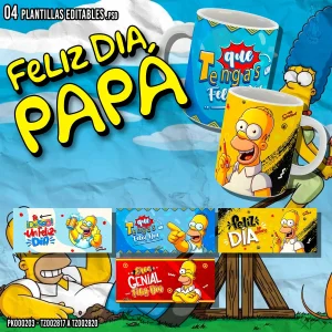 Plantillas Editables para Sumblimar Tazas Dia del Padre - Diseños Los Simpsons - Incluye Mockups y Fuentes