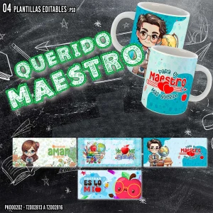 4 Plantillas Editables para Sublimar Tazas del Dia del Maestro - Querido Maestro - Incluye Mockups y Fuentes