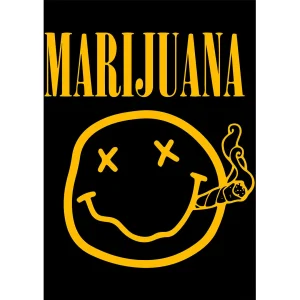 Vector Nirvana Marijuana en estilo grunge amarillo con carita feliz fumando, ideal para estampar en ropa.