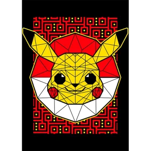Vector geométrico de Pikachu estilo polygonal para estampado en camisetas con fondo tribal en colores rojo, amarillo, blanco y negro.