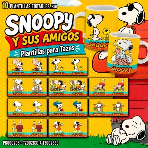 Pack de 10 plantillas editables de Snoopy y sus amigos para sublimación de tazas en formato PSD y PNG con mockups incluidos.