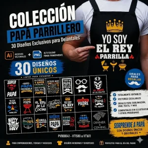 Pack de 32 diseños vectoriales para Día del Padre en formatos AI y PNG, ideales para delantales parrilleros, playeras personalizadas, sublimación, DTF y vinil textil.