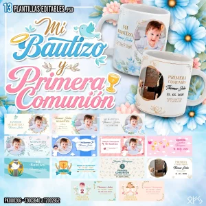 Pack de 13 plantillas editables PSD para sublimar tazas de Bautizo y Primera Comunión con fotografías personalizadas, archivos PNG HD, mockups y fuentes tipográficas para Photoshop.