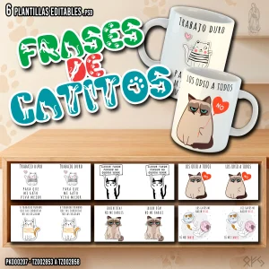Pack de 6 plantillas editables PSD para sublimación de tazas con frases divertidas de gatitos, archivos PNG HD, mockups transparentes y fuentes incluidas para personalizar tazas y termos.
