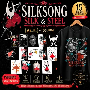 Pack de 15 diseños vectoriales Silksong Silk & Steel en formatos AI y PNG para playeras, hoodies, gorras, tazas, termos, sublimación y DTF.