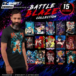 Pack Battle Blaze Collection con 15 diseños vectoriales anime en formato AI y PNG para estampado de playeras, hoodies, gorras y ropa personalizada.